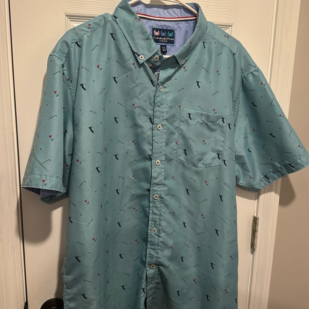 Charleston Threads Men's Short Sleeve Blue Golf Design Button Down Size XXL GUC
